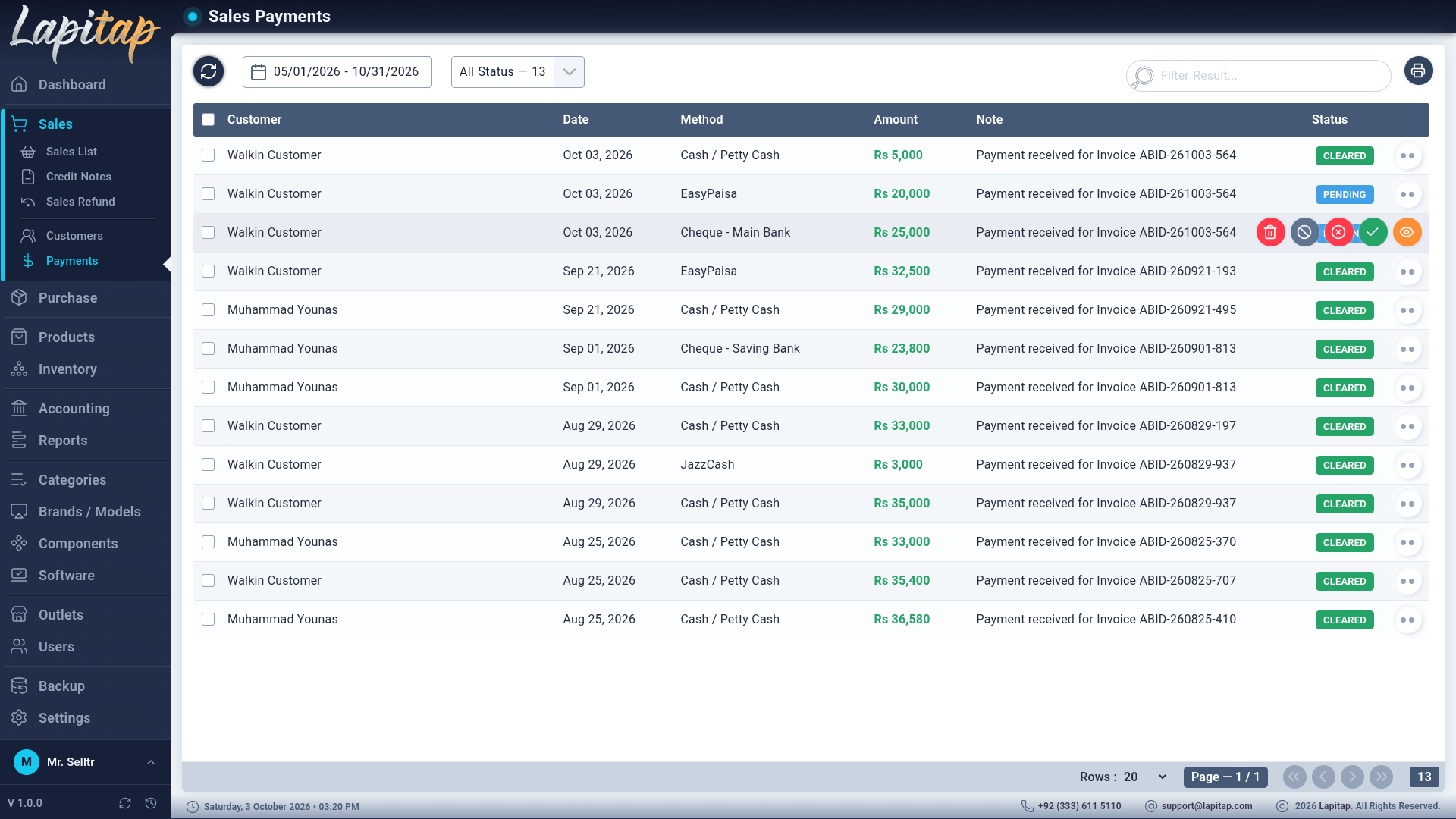 Sales payments list